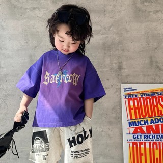Áo thun ngắn tay cotton nguyên chất mới cho trẻ em mùa hè, áo sơ mi vintage đã giặt cho bé trai và bé gái, áo gradient cho trẻ em