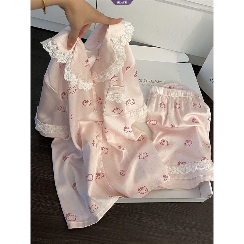 Sweet Lace Polka Dot Kitty Bộ Đồ Ngủ Nữ Mùa Hè Mới Quần Short Tay Ngắn Phần Mỏng Của Bộ Đồ Quần Áo Gia Đình [BL]