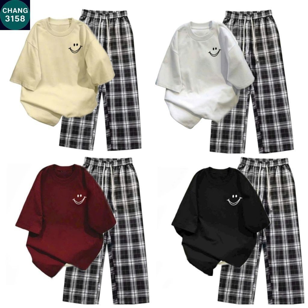 Sét Bộ Quần Kẻ Caro đen  + mix áo phông in mặt cười  nam nữ cotton-CHANG 3158