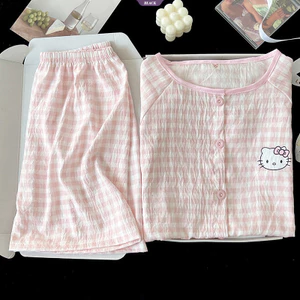Hoạt Hình HelloKitty Bộ Đồ Ngủ Nữ Mùa Hè Cardigan Dễ Thương Học Sinh Quần Short Tay Ngắn Bộ Đồ Gia Đình [BL]
