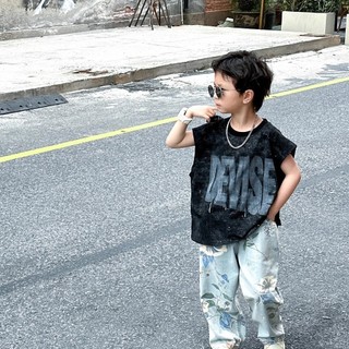 Mùa Hè Mỏng Phong Cách Bé Trai Áo Thun Không Tay Bé Trai In Chữ Áo Vest Top Trẻ Em Đính Kim Sa Lấp Lánh Áo Vest Thường Ngày