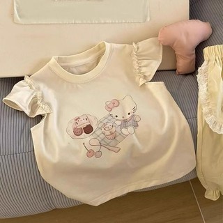 Áo thun cotton tay ngắn mùa hè phong cách Hàn Quốc cho bé gái, in hình mèo KT dễ thương, áo tay bèo cho trẻ em