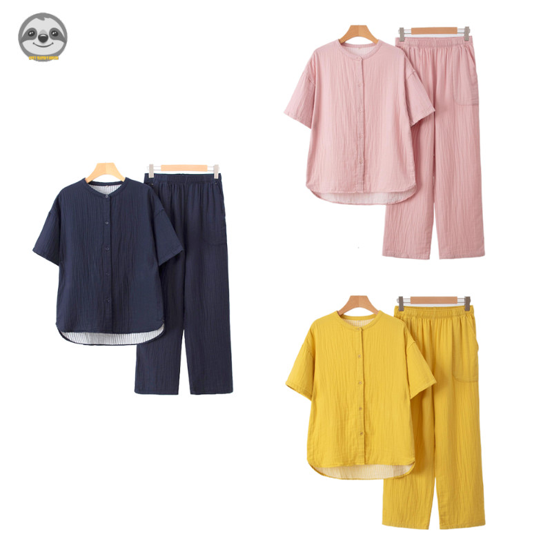 Phong cách Nhật Bản Phong cách Muji / Sợi Cotton hai lớp màu trơn Cổ tròn Quần ngắn tay Bộ đồ ngủ / Mùa hè có thể mặc bên ngoài Bộ đồ mặc nhà thông thường