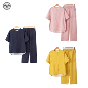 Phong cách Nhật Bản Phong cách Muji / Sợi Cotton hai lớp màu trơn Cổ tròn Quần ngắn tay Bộ đồ ngủ / Mùa hè có thể mặc bên ngoài Bộ đồ mặc nhà thông thường