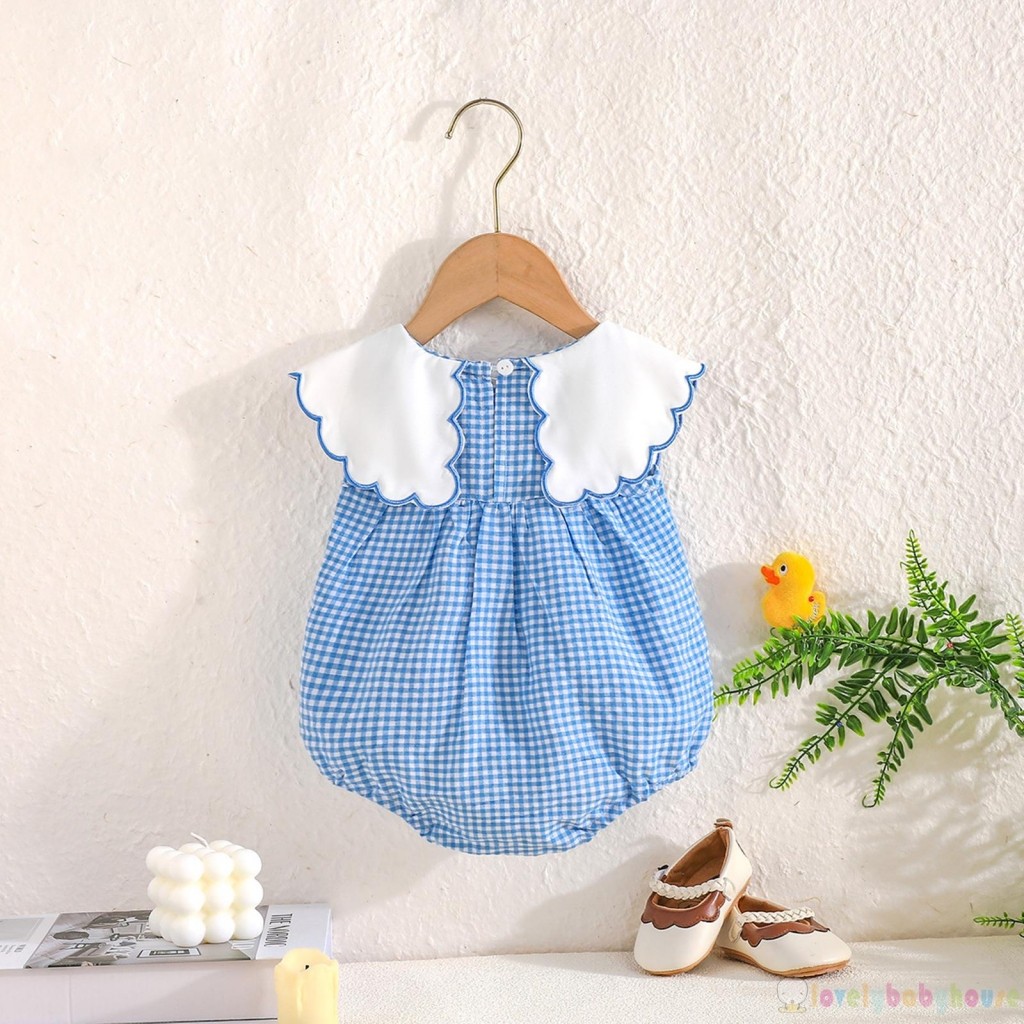 LBH-Baby Girl Mùa Hè Kẻ Sọc Xanh Không Tay Búp Bê Cổ Vịt Thêu Áo Liền Quần