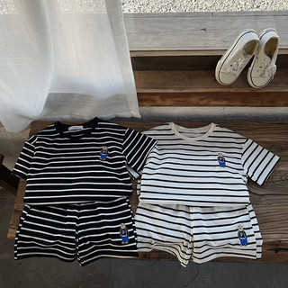 Bộ đồ cotton mùa hè cho trẻ em, áo thun ngắn tay thêu sọc và quần short hai mảnh cho bé trai và bé gái