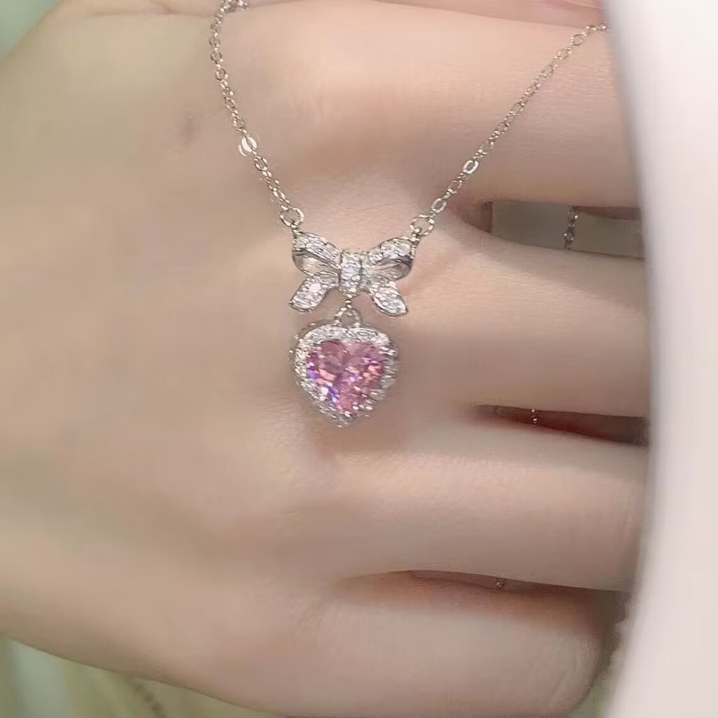 Đa năng~ Dây chuyền nơ trái tim hồng zircon cho phụ nữ mùa hè ngọt ngào mát mẻ phong cách thời trang