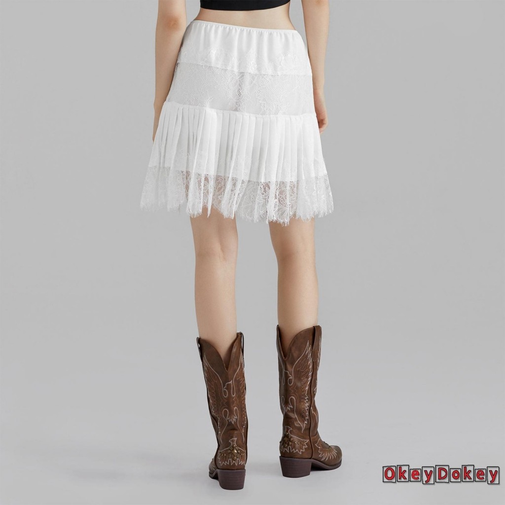 OKDK-Nữ Váy Mini Thời Trang Giữa Tầng Xếp Ly Ren Mùa Xuân Hè Váy Ngắn Thường Ngày