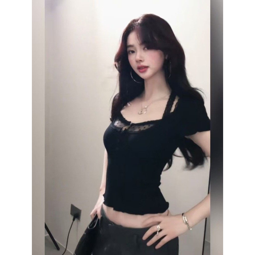 Milyfashion Đen Khâu Ren Top Mùa Hè Phong Cách Mới Slim-fit Ôm Hơn Nhìn Ngắn Tay Ngắn Ngắn Top