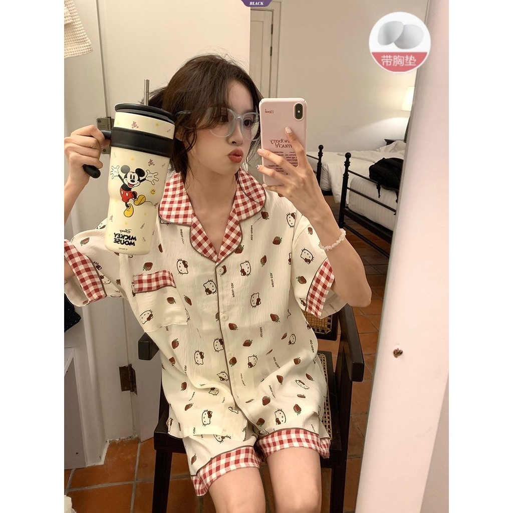 Sweet Ins Strawberry KT Bộ Đồ Ngủ Nữ Mùa Hè Có Miếng Lót Áo Ngực Quần Short Tay Ngắn Hoạt Hình Homewear Set [BL]