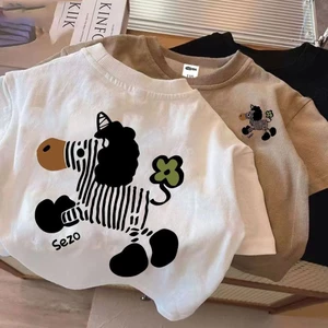 Áo thun ngắn tay cotton mới cho bé trai và bé gái mùa hè, áo in họa tiết ngựa vằn thời trang cho trẻ em