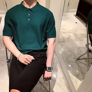 DICHUANGZHE Áo sơ mi nam ngắn tay Polo áo rộng Lụa băng công sở giản dị