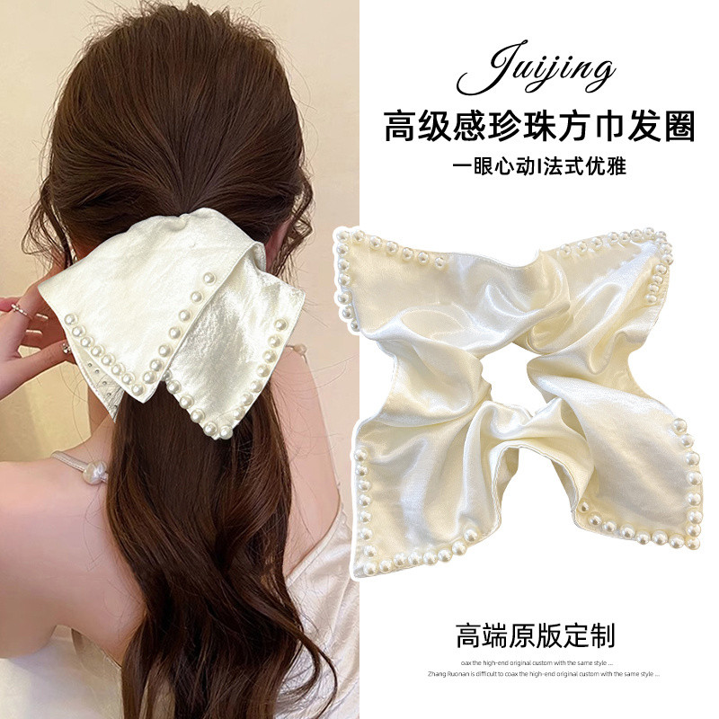 Dây buộc tóc vuông satin ngọc trai kiểu Pháp, khăn vuông oversized, dây buộc tóc thanh lịch cho đuôi ngựa thấp, phụ kiện tóc YBDJ