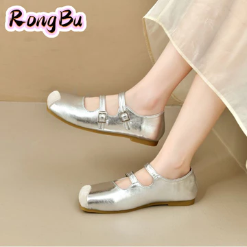 RongBu Giày nữ Mary Jane giày vuông Retro Mary Jane Giày nữ mùa hè khóa đa năng bơm phẳng giày phong cách đơn giản