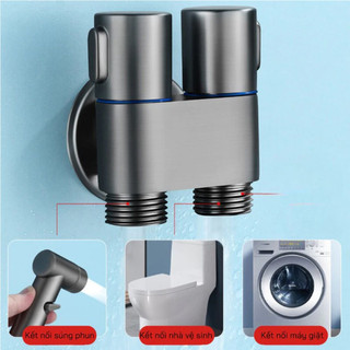 Bộ Vòi Xịt Toilet Tăng Áp Đa Năng, 1 Đầu Vào - 2 Đầu Ra, Ống Mềm 2m, Giá Đỡ Không Đục Lỗ