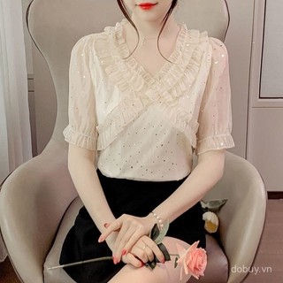 2025 Mùa hè Mới về Áo chiffon sequin xếp nếp siêu nữ tính cho phụ nữ