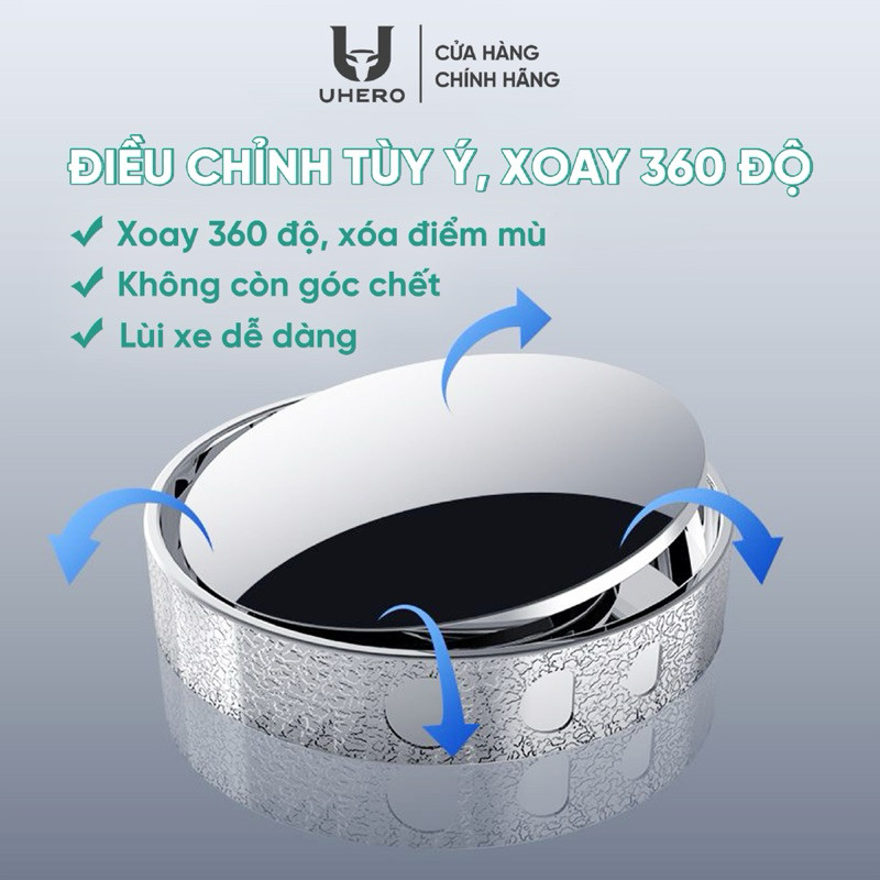 Gương cầu lồi ô tô xoay 360 UHERO GCL03 góc rộng gắn kính hậu cực chắc chắn xoá điểm mù, đế hút