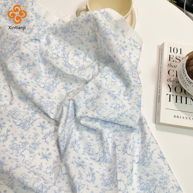 Vải cotton in hình thỏ và hoa cho DIY quần áo, chăn ga, rèm, khăn trải bàn TJ21937