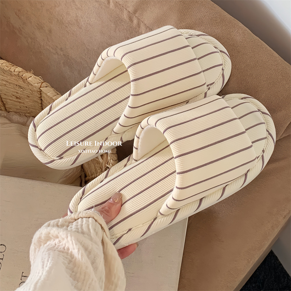 XIXITIAO Dép Vải Lanh Cotton Đế Mềm Bốn Mùa Đa Năng Nữ Sọc Sàn Nhà Giày Phong Cách Nhật Bản