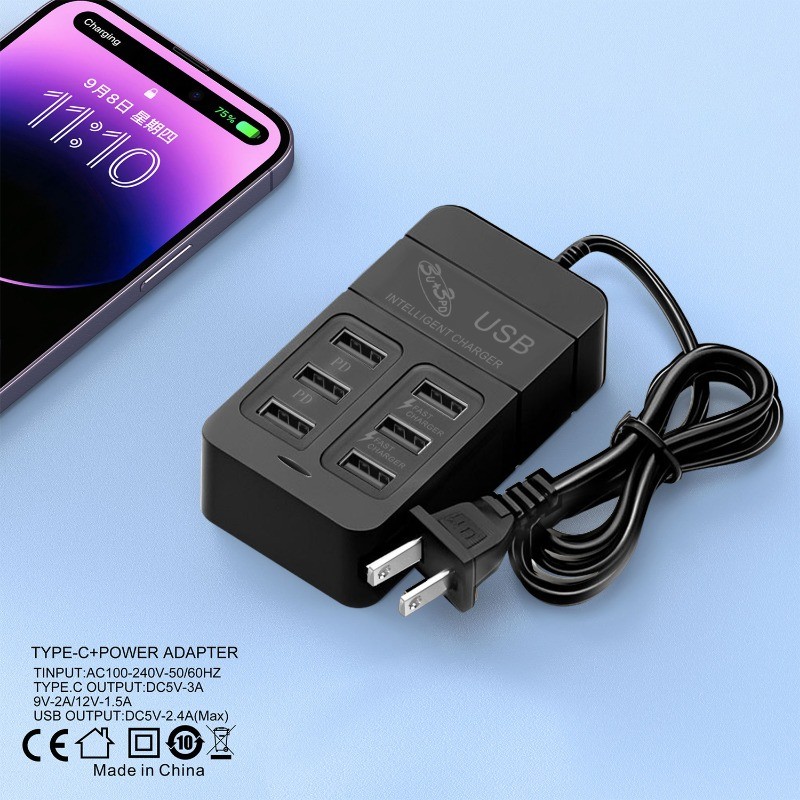Ổ cắm điện đa cổng di động - Dải sạc nhanh USB C PD - Bộ chuyển đổi đa năng 6in1 cho EU / Mỹ