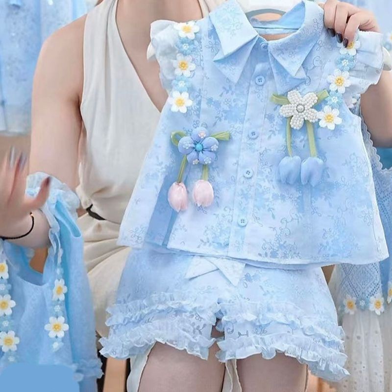 Bé Gái Mùa Hè Phong Cách Mới Thời Trang Phù Hợp Với Trẻ Em Lưới Áo Sơ Mi Cardigan Mùa Hè Thoáng Mát Bộ Đồ Hai Mảnh