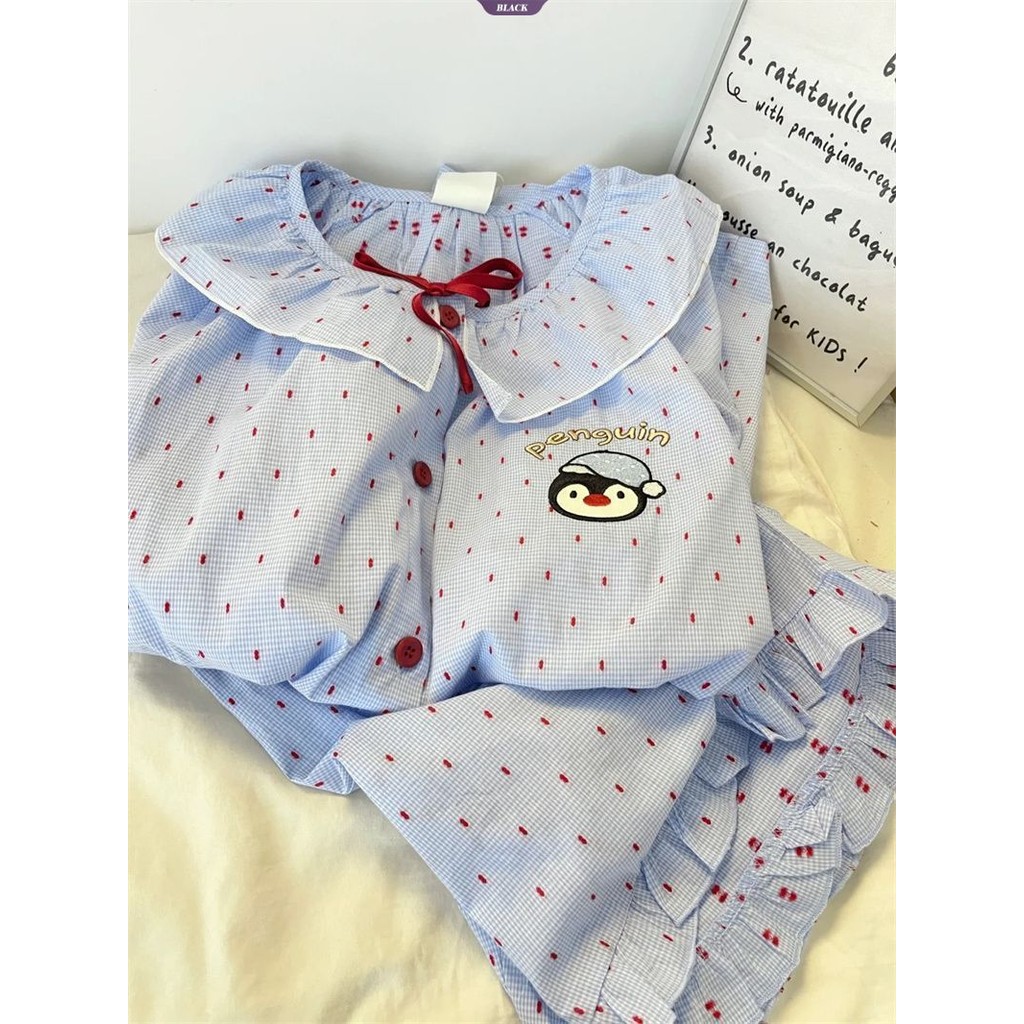 Penguin Chấm Bi Bộ Đồ Ngủ Ren Nữ Mùa Hè 2025 Mới Ngọt Ngào Quần Short Tay Loopy Set [BL]
