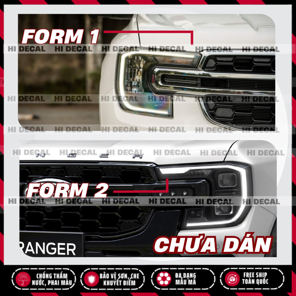 Tem dán demi đèn Ford Ranger, Ford Everest form mới (1 cặp), Tem decal dán đổi màu đèn trang trí xe