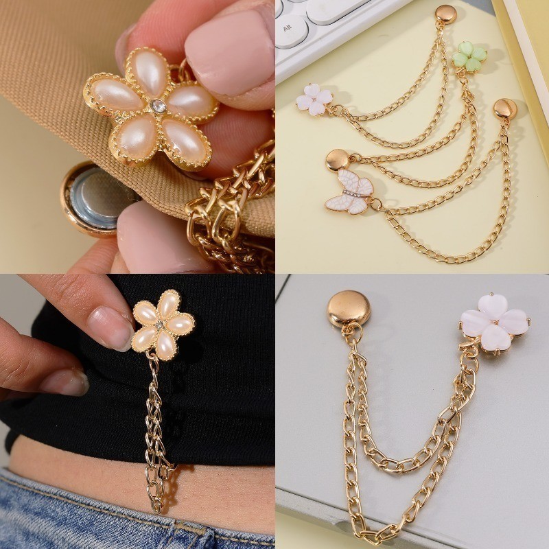 Nút Nam Châm Dây Xích Liền Mạch - Kẹp Chân Quần Hình Bướm - Dành Cho Áo Cardigan Quần Jean, Áo Thun - Chân Chống Lỗ Cỏ Ba Lá Bốn Lá - Khóa Dây Xích Chân Có Thể Điều Chỉnh