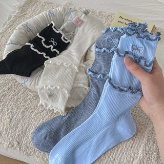 Tất Dài Nữ Nơ Nhỏ Viền Bông Xinh Tiểu Thư Y2K Cổ Cao Cute Cho Nữ Timo T85