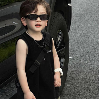 Áo vest cotton không tay mới cho bé trai mùa hè, áo đen in chữ cho trẻ nhỏ và bé trai nhỏ