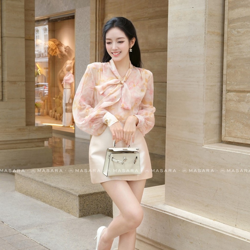 Áo sơ mi tơ hoa dây nơ cổ tone hồng nhẹ nhàng ngọt ngào phong cách công sở thanh lịch MA850