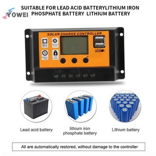 Bộ điều khiển năng lượng mặt trời LCD YOWEI 12V / 24V 30A 20A 10A Bộ điều chỉnh sạc năng lượng mặt trời Bộ sạc pin PWM Màn hình LCD Đầu ra USB kép 5V 2.5A MOS VN