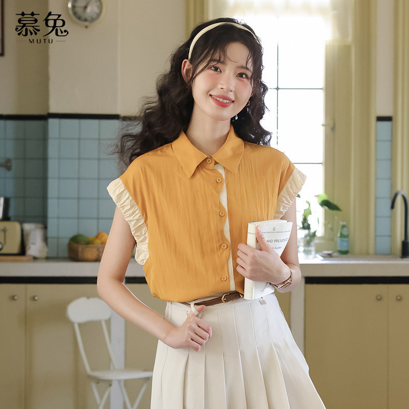 Mutu Pháp Retro Phong Cách Hồng Kông Màu Sắc Tương Phản Áo Sơ Mi Tay Ngắn Nữ Mùa Hè 2026 Phong Cách Mới Thiết Kế Niche Loose Top