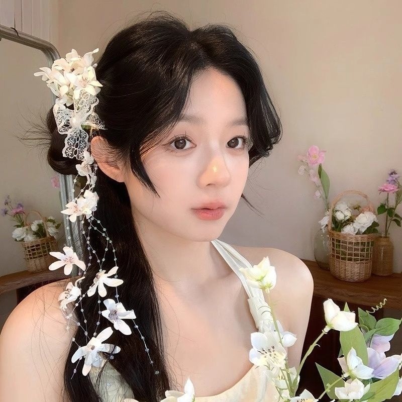 Kẹp tóc tua rua hoa lily thanh lịch - phụ kiện mùa hè đi biển ren nơ mỏ vịt