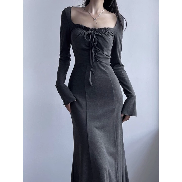 Váy Ôm Mông Thon Gọn Ôm Dáng Mẫu Mới Thu Đông Cho Hot Girl Phong Cách Ngây Thơ Anli Váy Dài Tay Cổ Vuông Váy Đuôi Cá Nữ