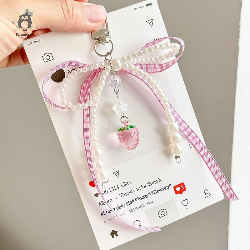 [Bluemood] Ngọt Kẻ Sọc Ruy Băng Móc Khóa Dâu Quyến Rũ Móc Khóa Nơ Ngọc Trai Mặt Dây Chuyền Điện Thoại Trang Sức Cho Bé Gái Nữ Túi Quà Trang Trí Mới