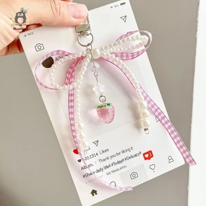 Ngọt Kẻ Sọc Ruy Băng Móc Khóa Dâu Quyến Rũ Móc Khóa Nơ Ngọc Trai Mặt Dây Chuyền Điện Thoại Trang Sức Cho Bé Gái Nữ Túi Quà Trang Trí Mới