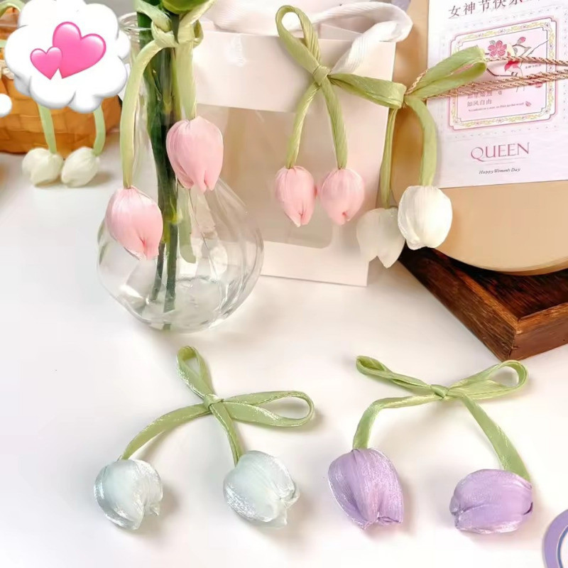 [GuuDuu] Dây buộc tóc hoa thủ công - Tulip Flower Bud Ribbon Charm - Thắt nơ cổ bé gái - Phụ kiện tóc Hàn Quốc - Túi treo quần áo - Trang trí gói quà