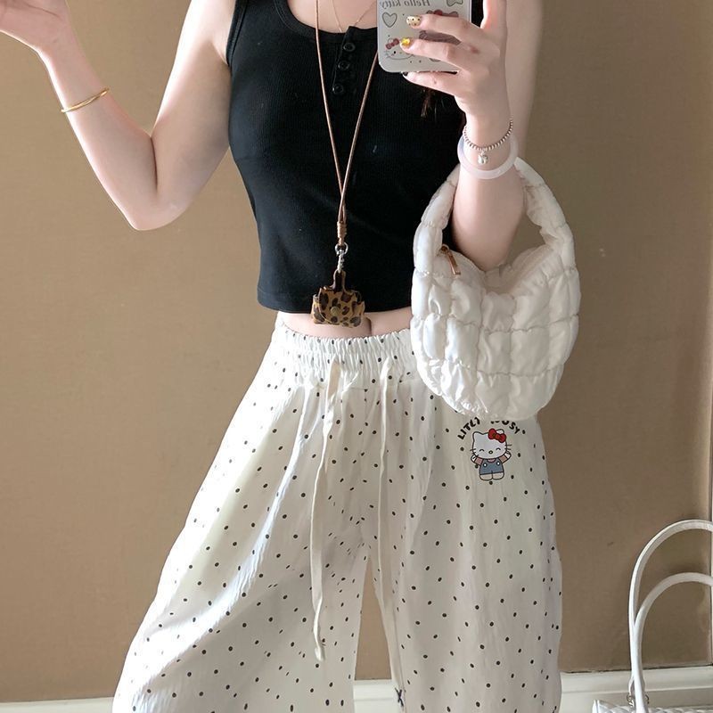 Polka dot pants Quần thể thao phong cách Hàn Quốc KT Cat, quần dài cotton có dây rút hình mây
