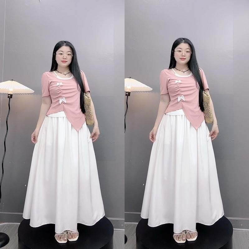Set Áo Váy Bigsize Nữ (55-90Kg) Áo Thun Cổ Yếm Đính Nơ Mix Váy Dài Nàng Thơ -A278 + CV15