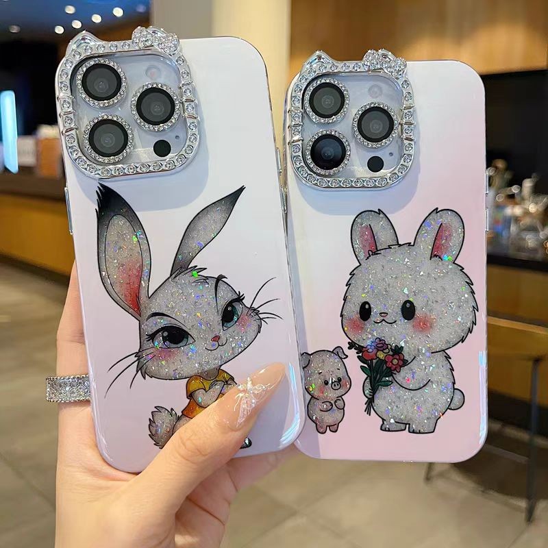 Ốp lưng cứng viền kim cương hình thỏ / mèo tương thích với 12 pro max 13 pro max 14 pro max 15 pro max 16 pro max
