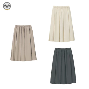Phong cách Nhật Bản Phong cách Muji / Váy xếp ly dây rút siêu nhỏ dệt màu trơn / Váy dài vừa vặn phong cách mỏng hơn