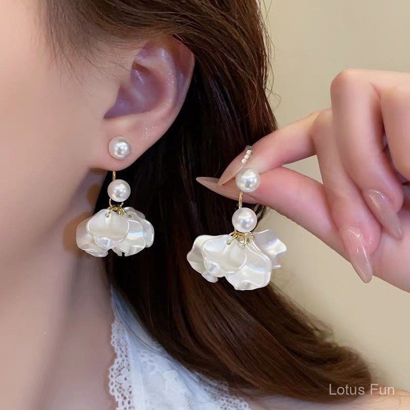 Khuyên tai cánh hoa trắng cao cấp phong cách retro Pháp, thiết kế độc đáo, khuyên tai cho phụ nữ, siêu tiên nữ tính, ngọt ngào tươi mát, đa năng với ngọc trai