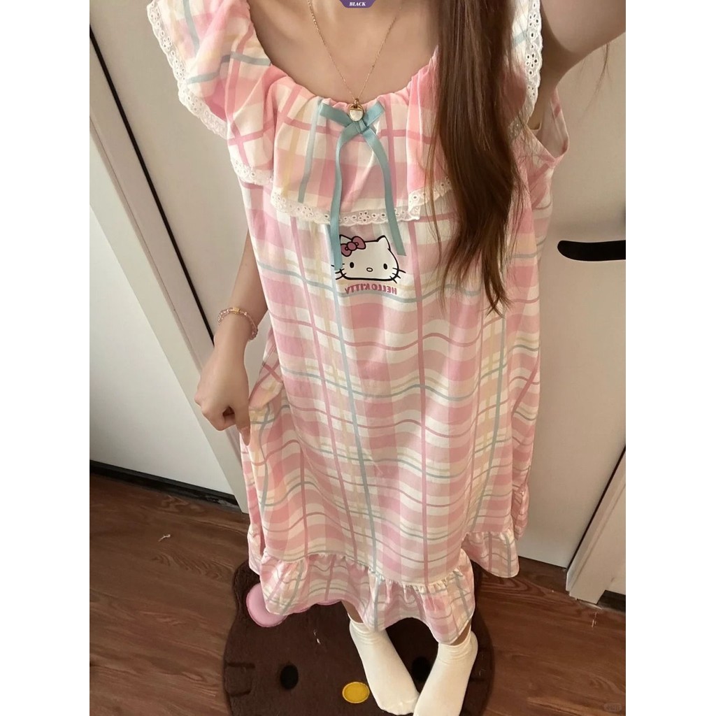 Váy ngủ kẻ sọc Hello Kitty dễ thương nữ mùa hè mới không tay sling ren homewear [BL]