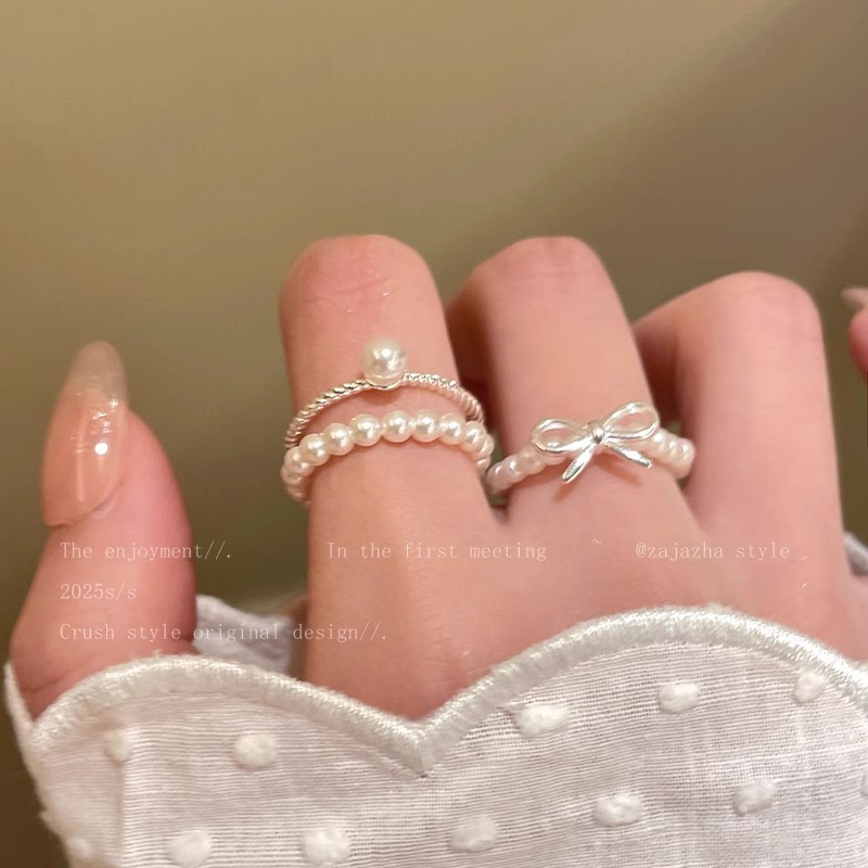 Nhẫn hạt ngọc trai nơ cho phụ nữ, phong cách Hàn Quốc, thiết kế độc đáo, nhẫn ngón trỏ, cảm giác sang trọng nhẹ nhàng, nhẫn cao cấp có thể xếp chồng lên nhau