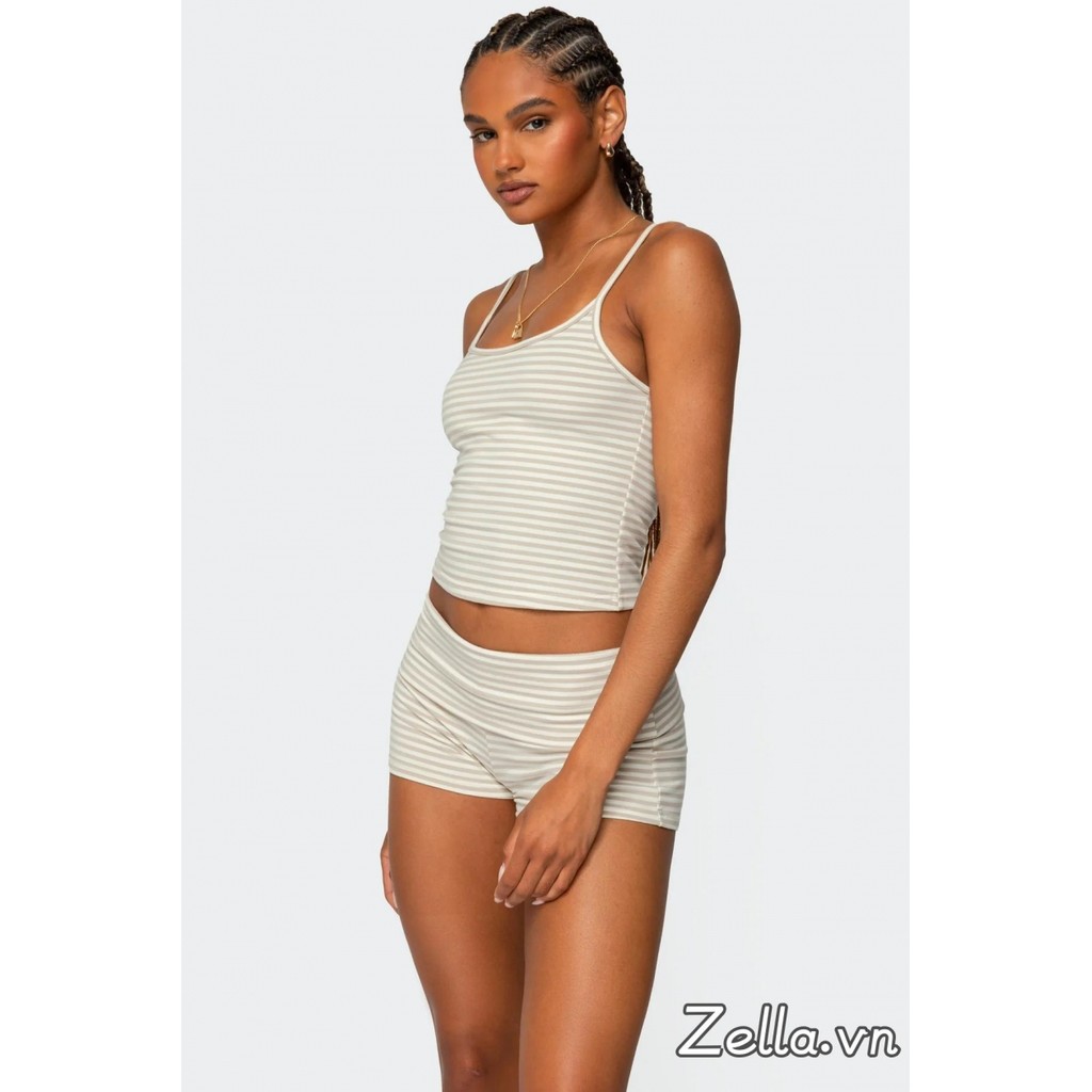 Bộ trang phục mùa hè 2 món dành cho nữ Áo hai dây Crop in sọc + Bộ quần short thắt lưng gấp