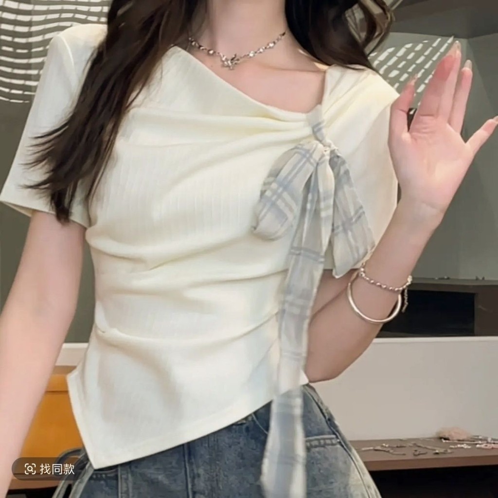 Mùa hè Cổ áo chéo không đều Ruy băng Nơ Áo thun ngắn tay Sli