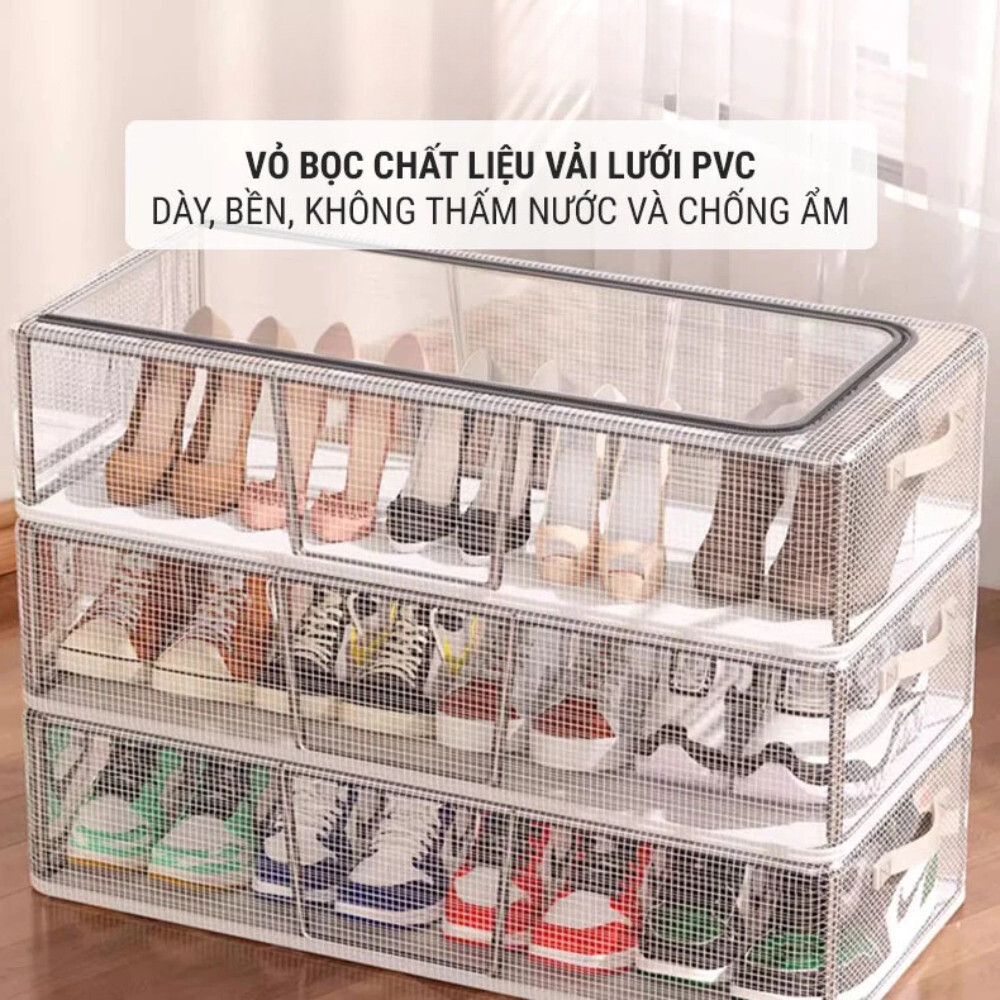 Hộp Đựng Giày Gấp Gọn Vải Lưới PVC Dày Dặn Khung Thép Chịu Lực Có Ngăn Kéo Khóa Kín Chống Bụi Bẩn