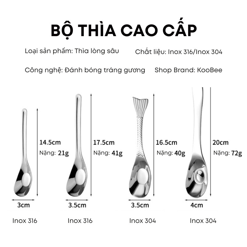 Muỗng Thìa Inox 304 & 316 Sâu Lòng Cán Dài Cao Cấp - Dày 1.5MM Cứng Cáp, Sáng Bóng - Dùng Ăn Cơm, Cháo, Phở | 292