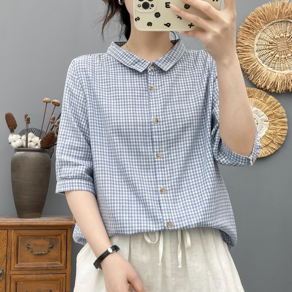 Áo sơ mi nữ cotton hai lớp, size S-XL, thoáng mát cho mùa nóng